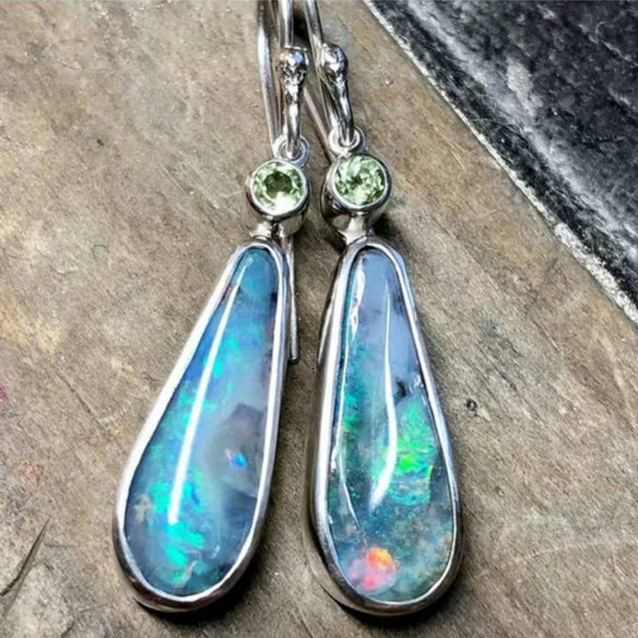Bohemian Faux Opal Drop Dangle Earrings Light Blue Green Lightweight - Picture 7 of 9